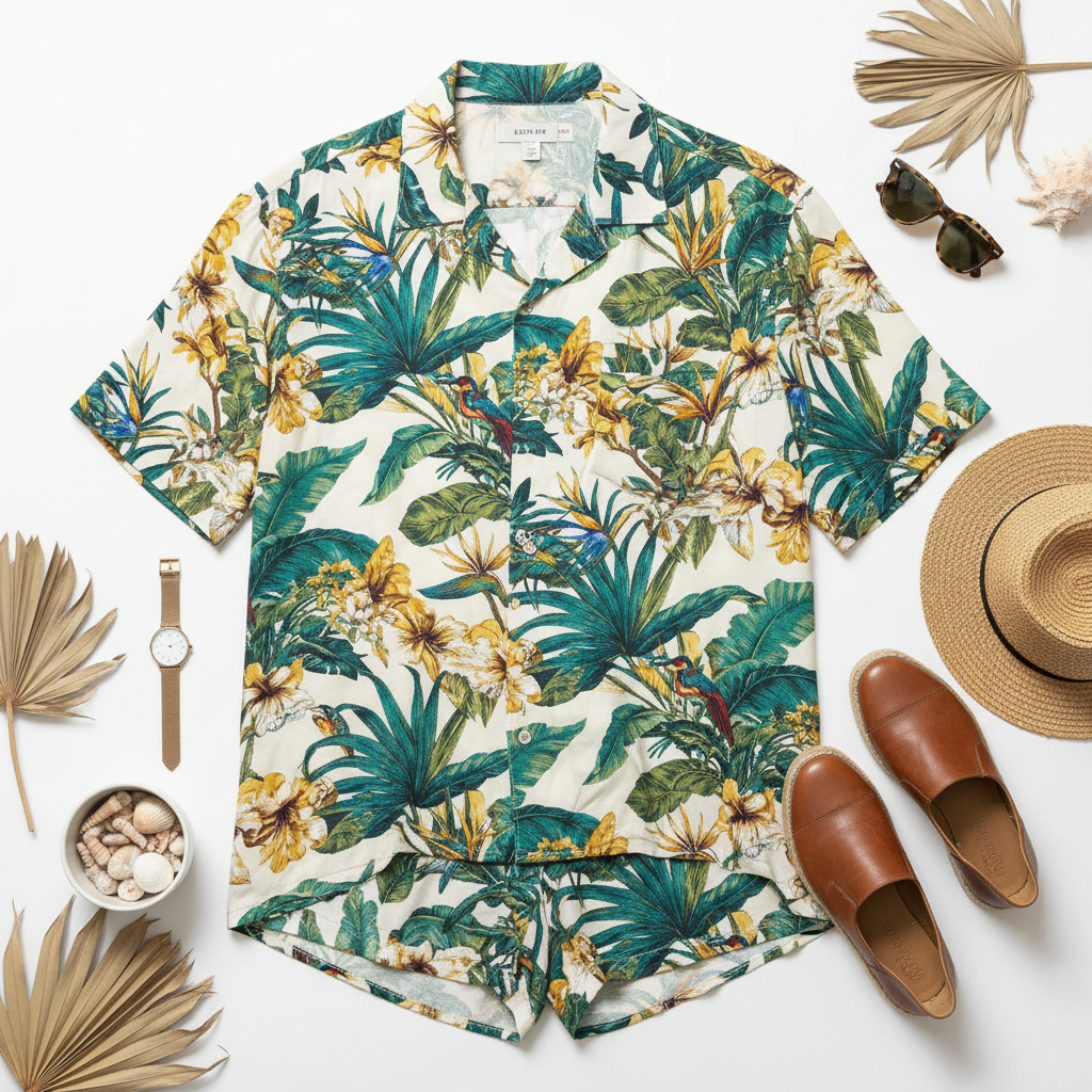 Celero Printed Camp Shirt flat lay