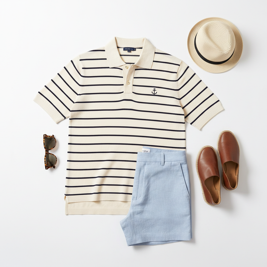 Celero Stripe Polo Ecru flat lay
